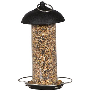 Siena Garden Vogelfutterspender aus Stahl, schwarz, gefüllt mit Vogelfutter, Ø 10 cm x 20 cm.