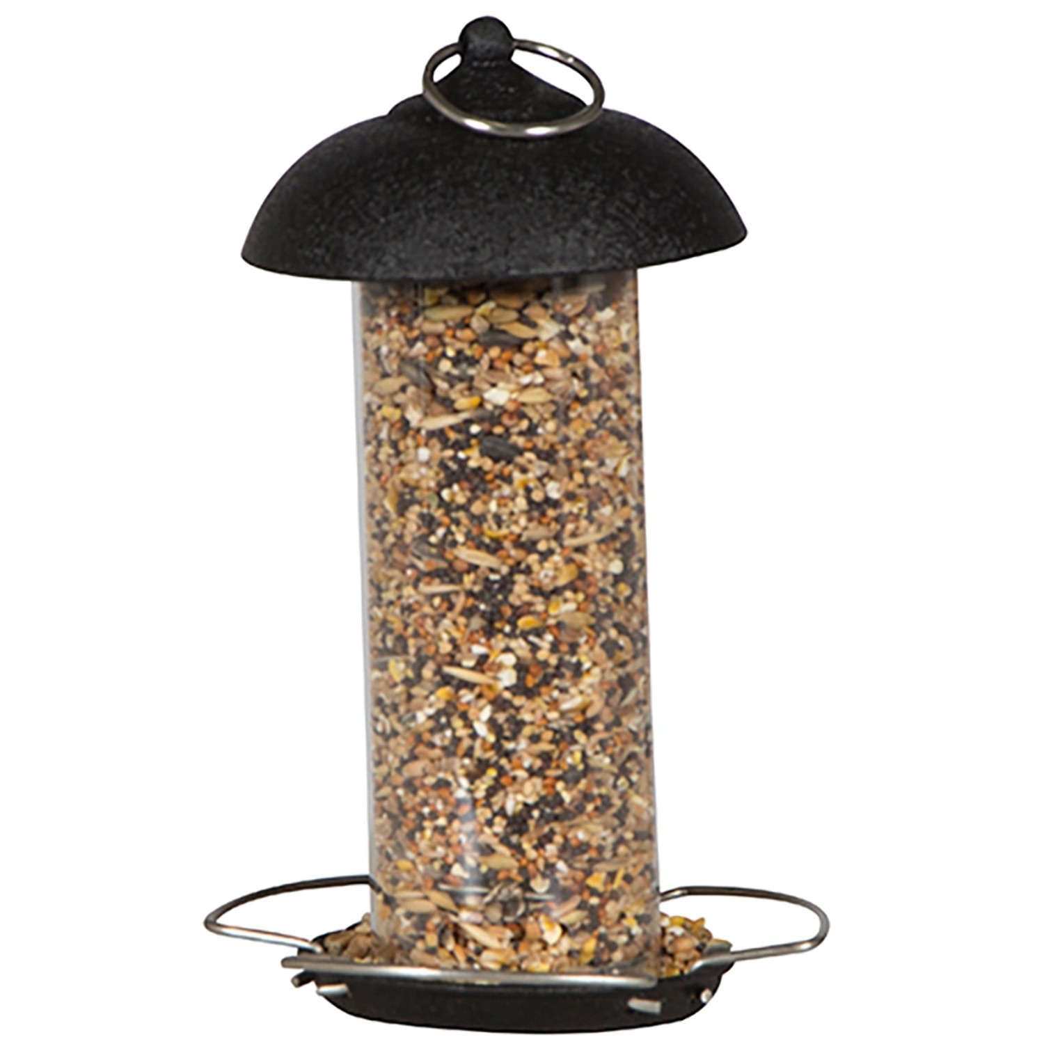 Siena Garden Vogelfutterspender aus Stahl, schwarz, gefüllt mit Vogelfutter, Ø 10 cm x 20 cm.