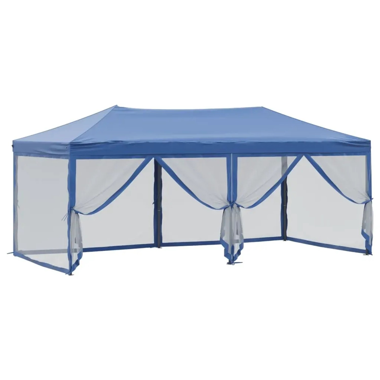 Blaues, faltbares Partyzelt 3x6 m mit Seitenwänden für Outdoor-Events.