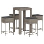 vidaXL 5-tlg. Gartenbar-Set grau Poly Rattan mit Tisch und 4 Hockern mit Kissen.