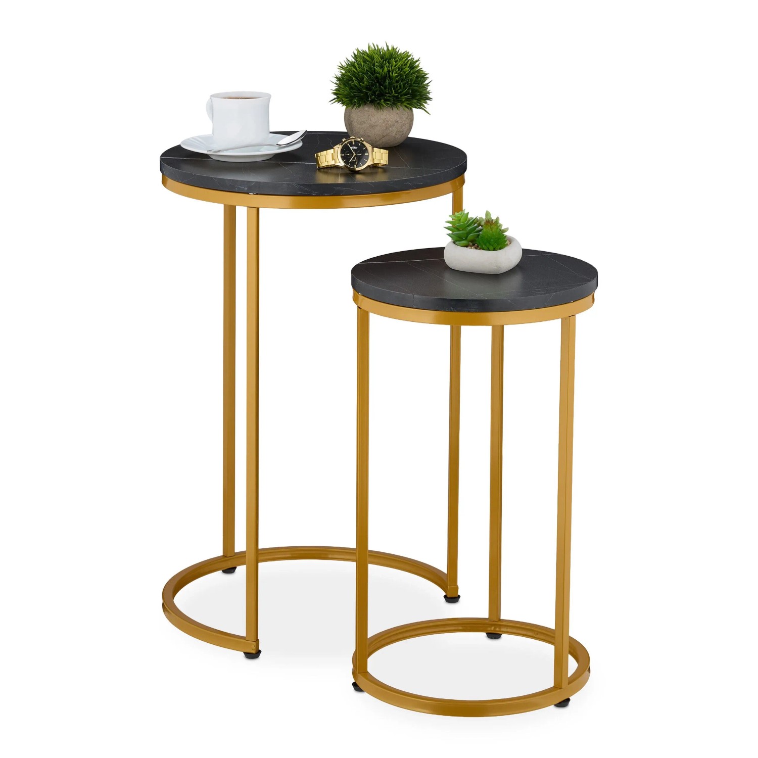 Relaxdays Satztisch 2er Set MDF Eisen Kunststoff Schwarz Gold Platzsparend 61,5 cm x 40 cm 51 cm x 30 cm