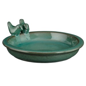 Türkise Mica Decorations Vogeltränke aus Keramik, Ø 30 cm, mit zwei Vogel-Figuren.