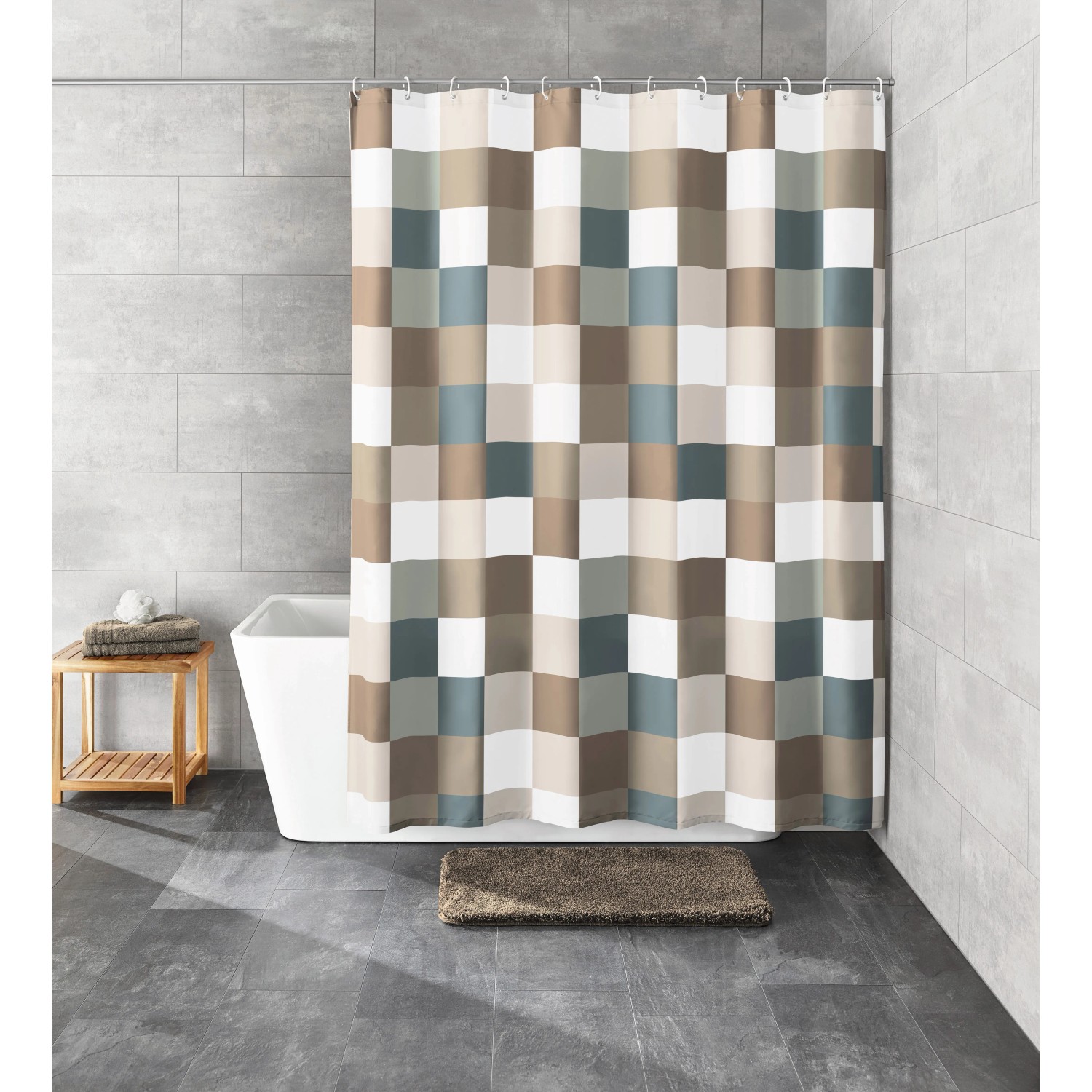 Kleine Wolke Duschvorhang Check in Taupe mit Karomuster, 180x200 cm.