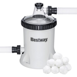 Bestway Polysphere Filterpumpe, weiß, mit Schläuchen und Filterbällen. Effektive Pool Filtermedien für klares Wasser.