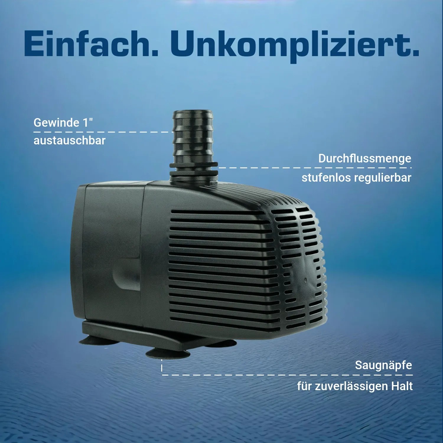 Schwarze Kerry Electronics Teichpumpe mit Saugfüßen und regulierbarer Durchflussmenge.