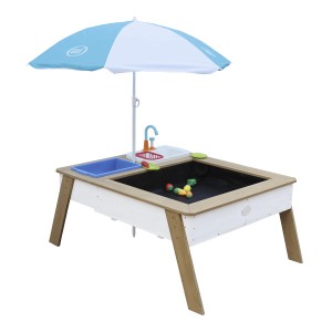 Axi Sand- und Wassertisch Linda mit Sonnenschirm, Spielküche, braun/weiß/blau.