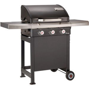 Landmann Gasgrill Rexon PTS 3.0 mit 3 Brennern, schwarzer Grill mit Seitenablagen und Deckelthermometer.