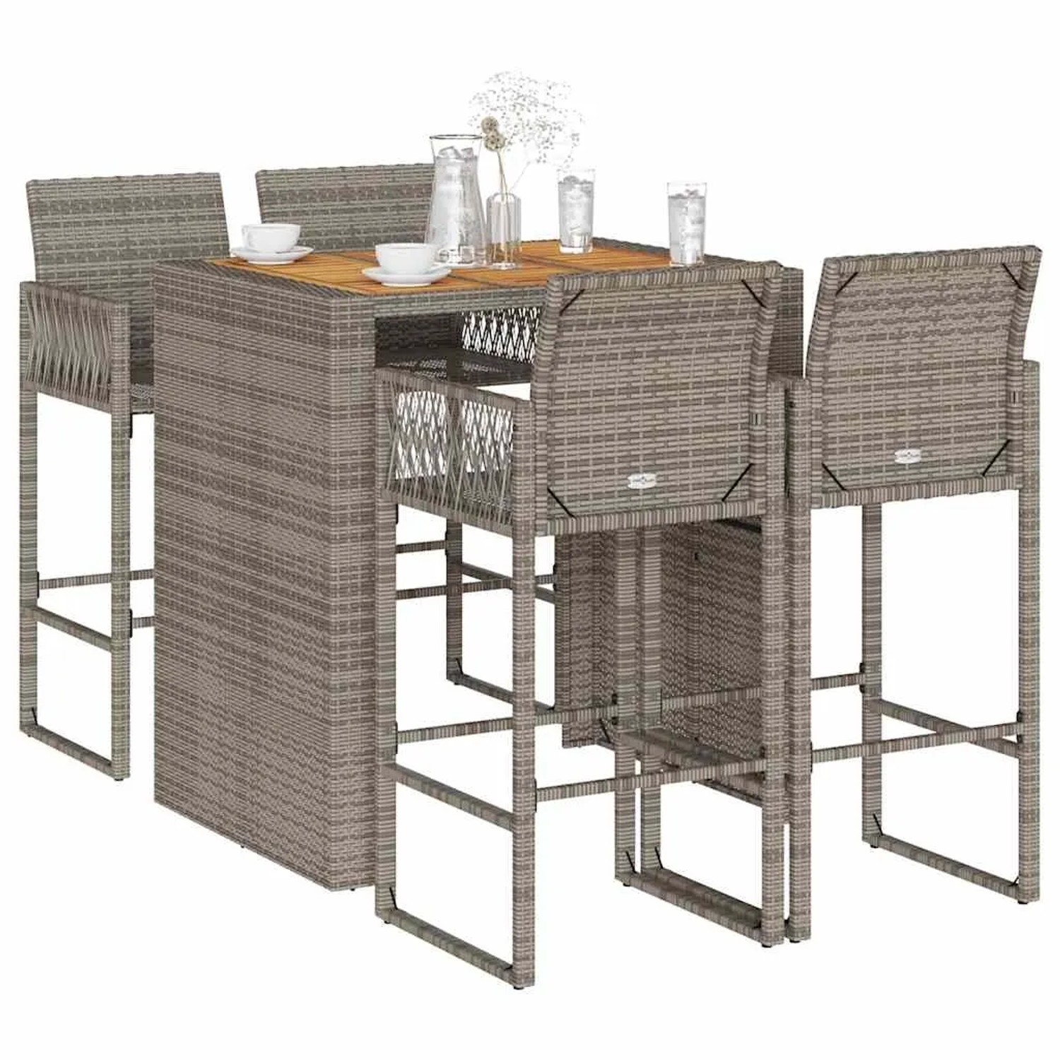 Graues 5-tlg. vidaXL Gartenbar-Set aus Rattan und Akazie ohne Kissen.