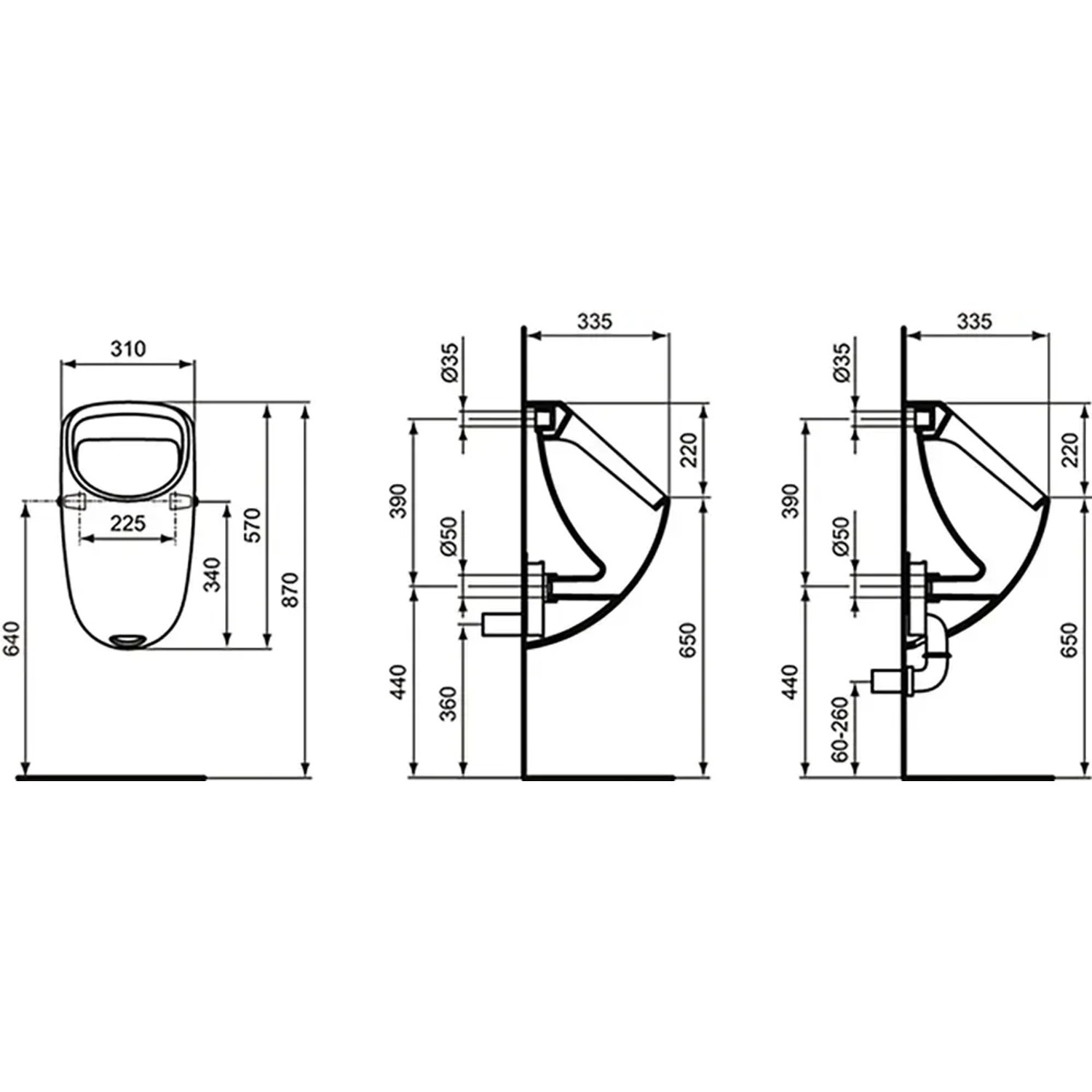 Technische Zeichnung: Ideal Standard Connect Absaugeurinal in Weiß mit Maßangaben.