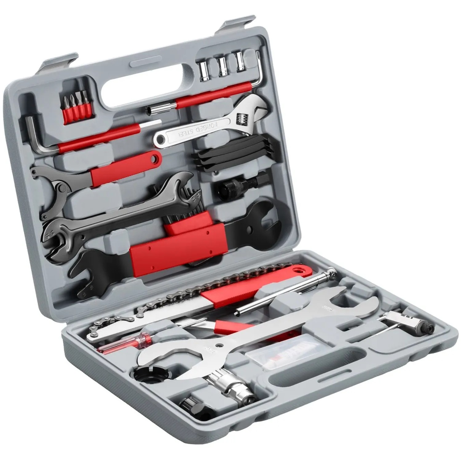 Tectake Fahrradwerkzeug 50 Teilig  Umfangreiches Set Zur Reparatur Von Bremsen  Kette  Reifen und Mehr  33 x 7 x 25 50 cm Grau