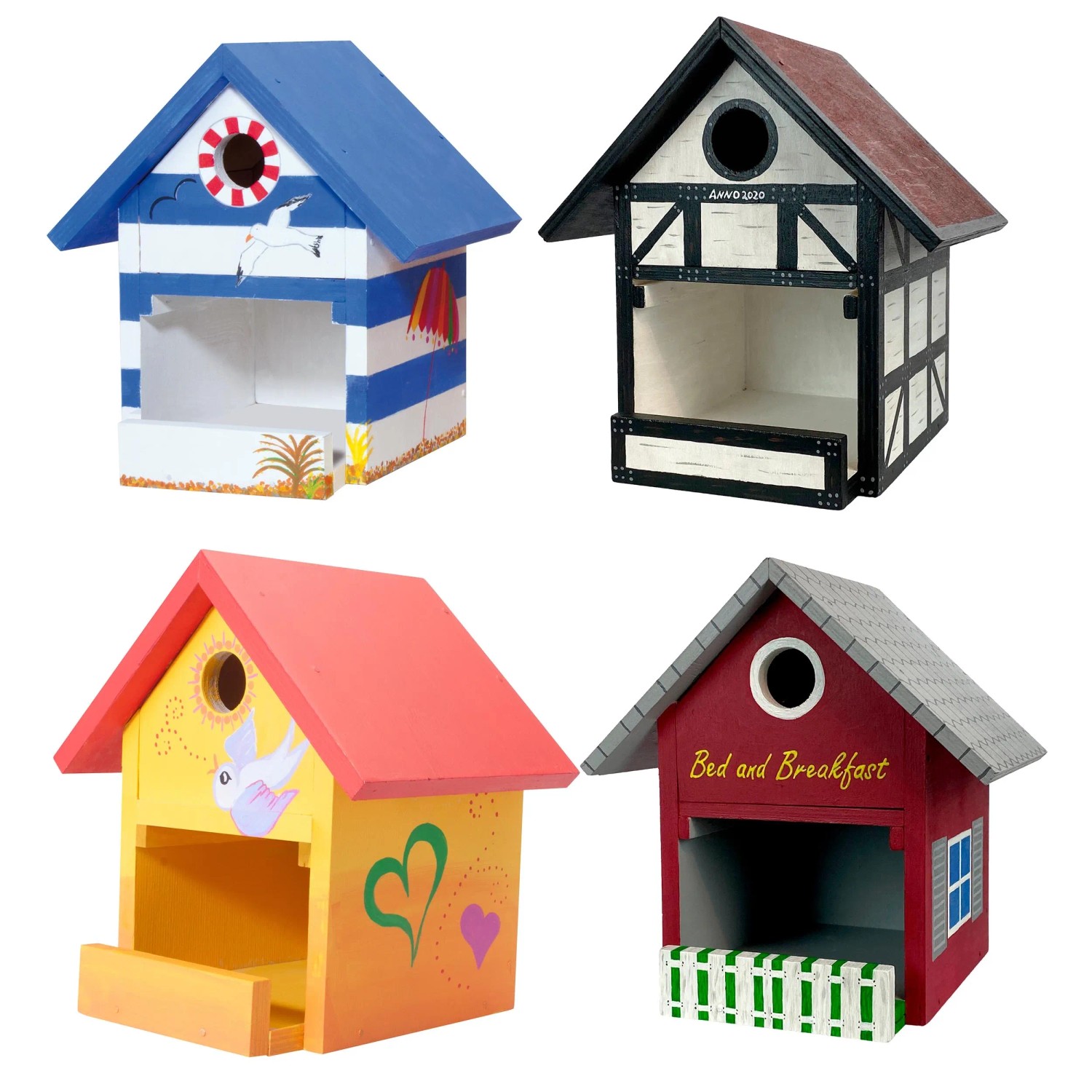 Pebaro Holzbausatz Vogelhaus: Vier farbenfrohe Vogelhäuser im Set, ideal zum selbst bauen und gestalten.