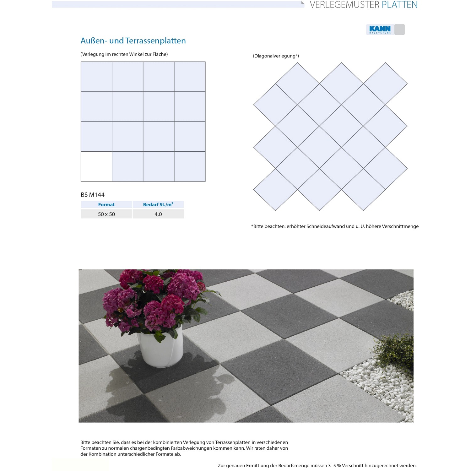 Terrassenplatten Almelo silbergrau, 50x50 cm im Schachbrettmuster mit Pflanze.