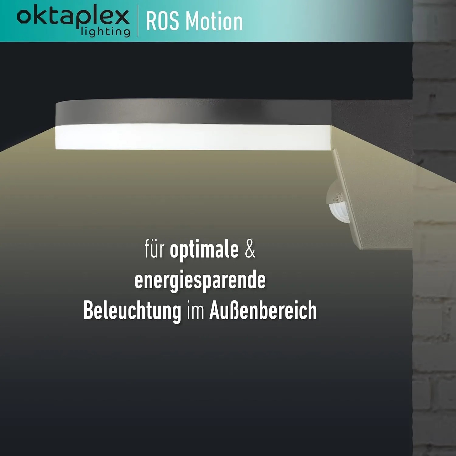 Anthrazitfarbene Oktaplex Außenleuchte mit Bewegungsmelder und warmweißem Licht.