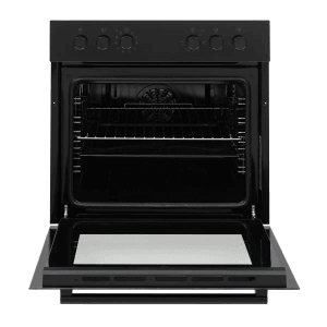 Telefunken Einbauherd-Set, schwarzer Backofen mit geöffneter Tür und Zubehör.