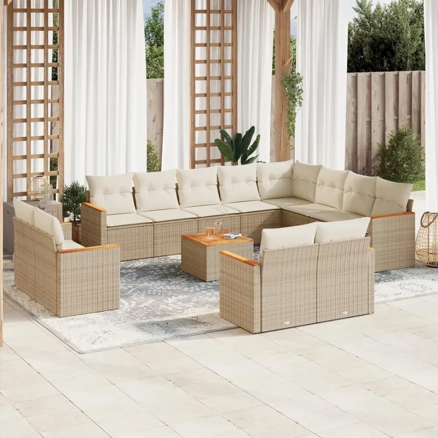 Beige 13-tlg. vidaXL Garten-Sofagarnitur aus Poly Rattan mit Kissen für Terrasse und Garten.