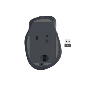 Unterseite der schwarzen Hama Funkmaus WM-500 mit USB-Empfänger. Ergonomische Computermaus mit 6 Tasten.