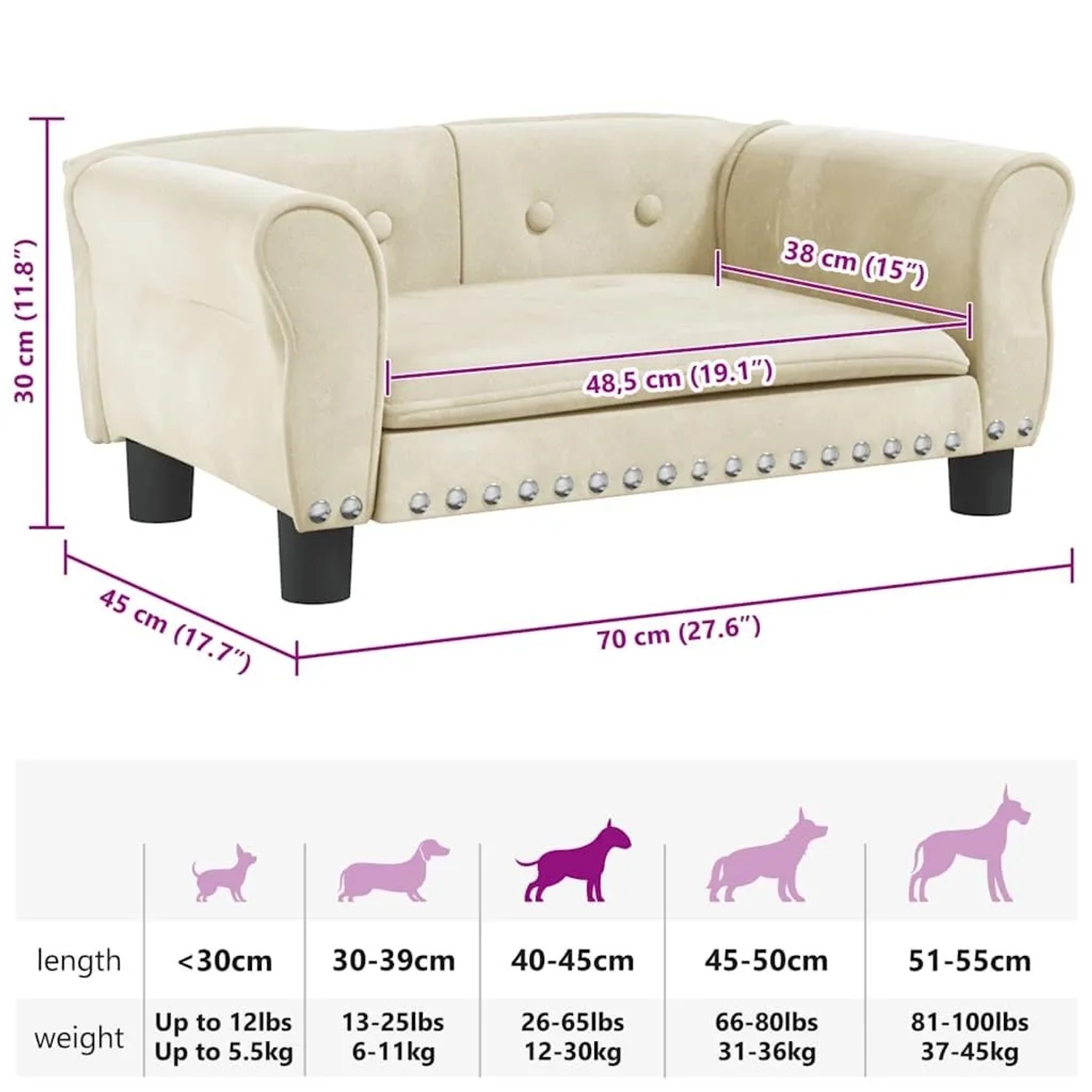 Cremefarbenes vidaXL Hundebett (70x45x30 cm) aus Samt mit Holzfüßen.