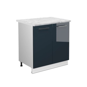 Vicco Spülenunterschrank, dunkelblau hochglanz mit Marmor Arbeitsplatte, 80 cm breit.