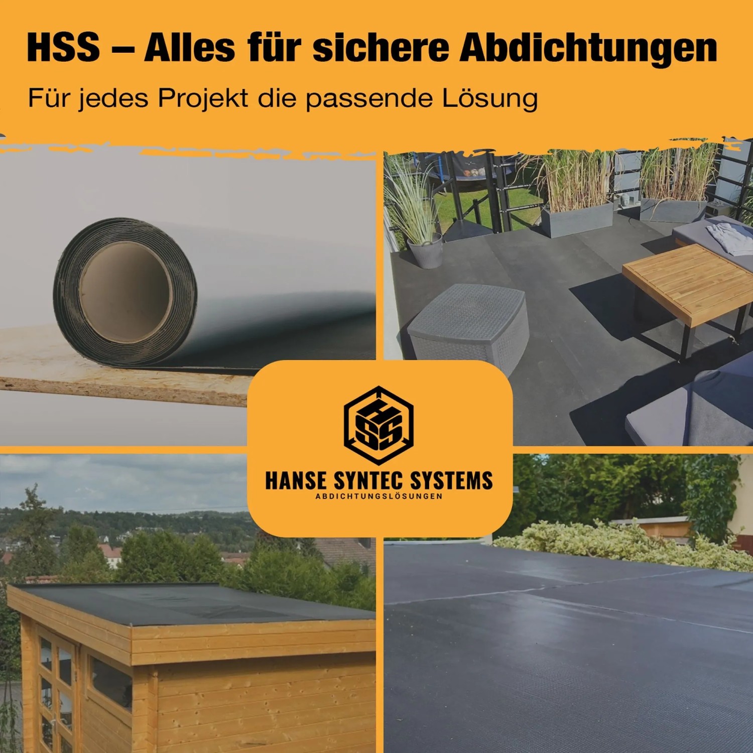 HSS EPDM Dachfolie EasyStick 10m², Rolle und Anwendungsbeispiele für Bitumenbedachung.