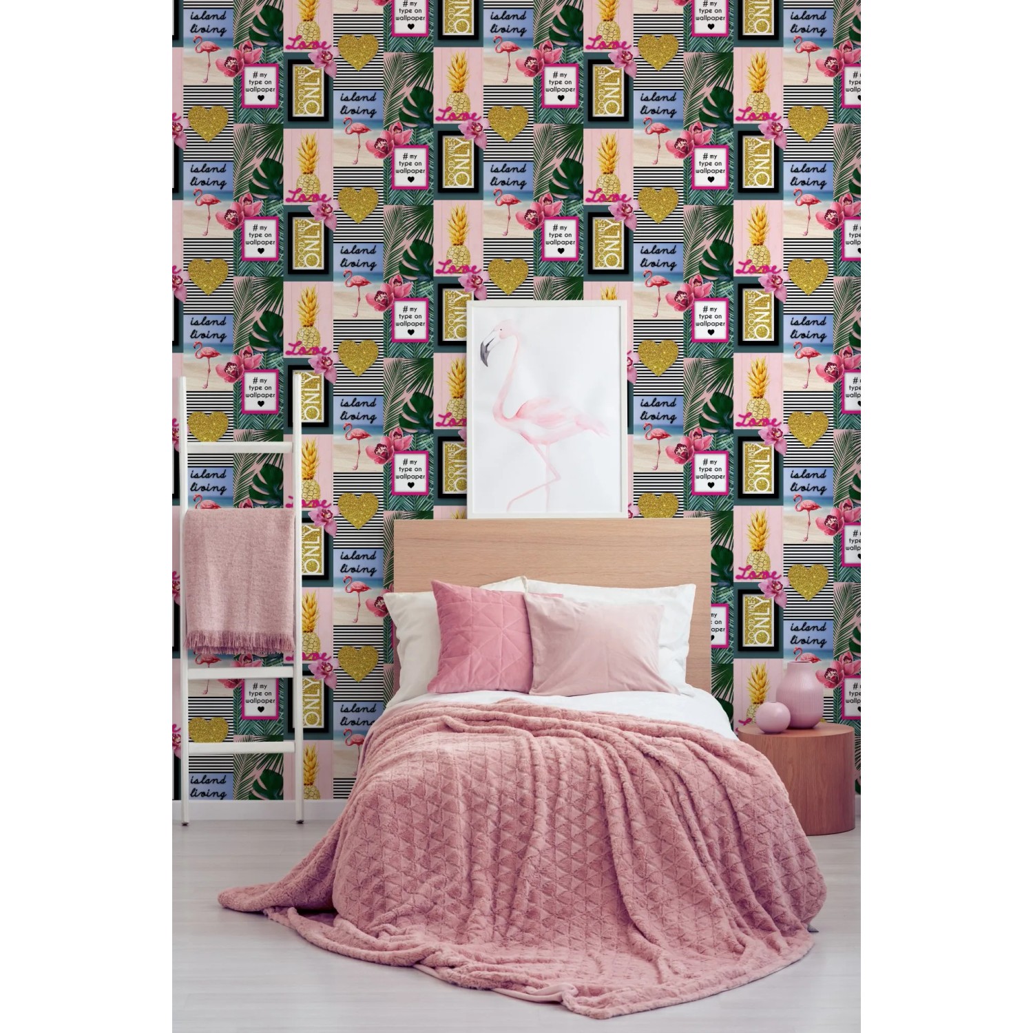 Papiertapete Fresco Leben auf der Insel mit tropischen Motiven im Schlafzimmer.