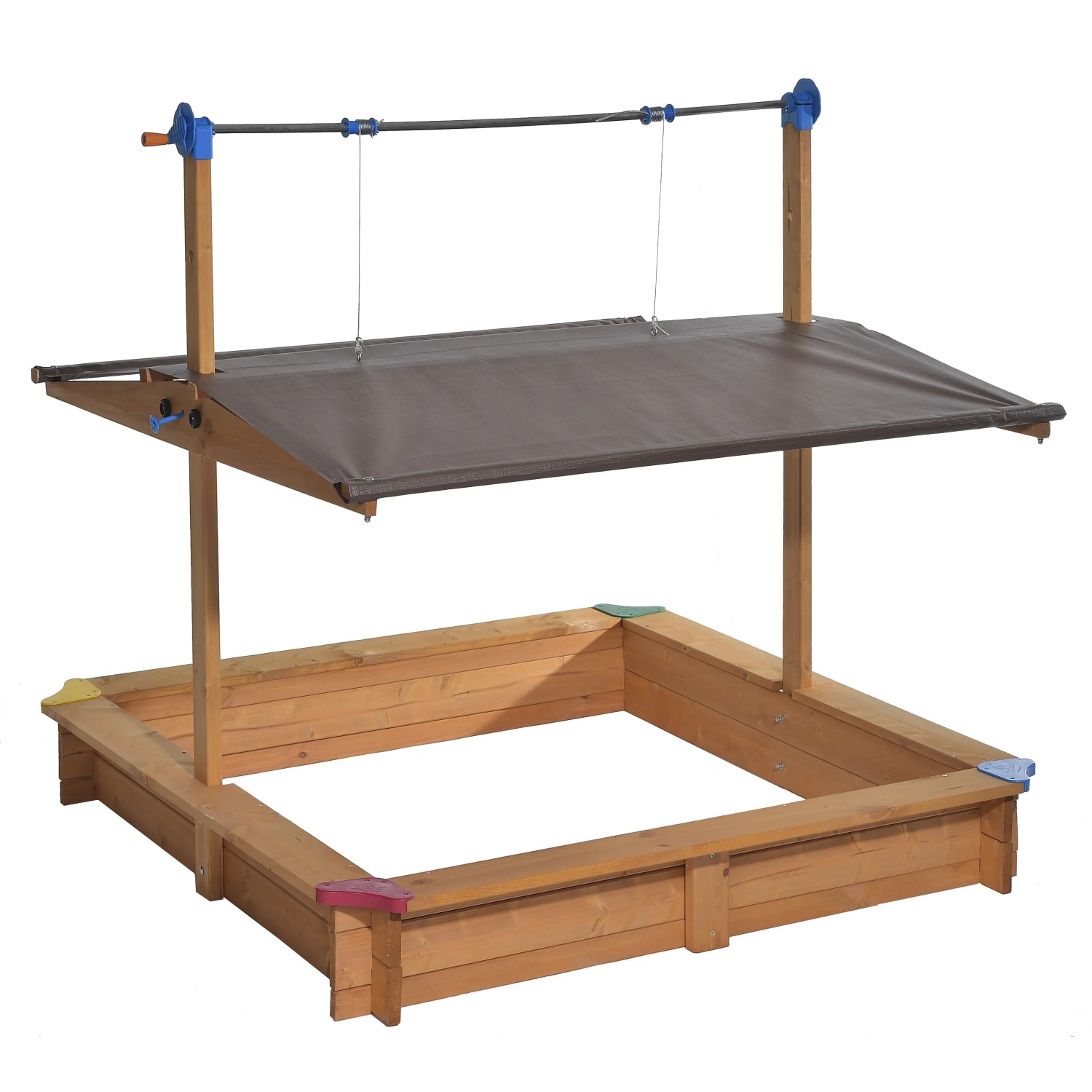 Gaspo Sandkasten Mickey II mit Dachlift, 140x140 cm, aus Holz mit farbigen Ecken.