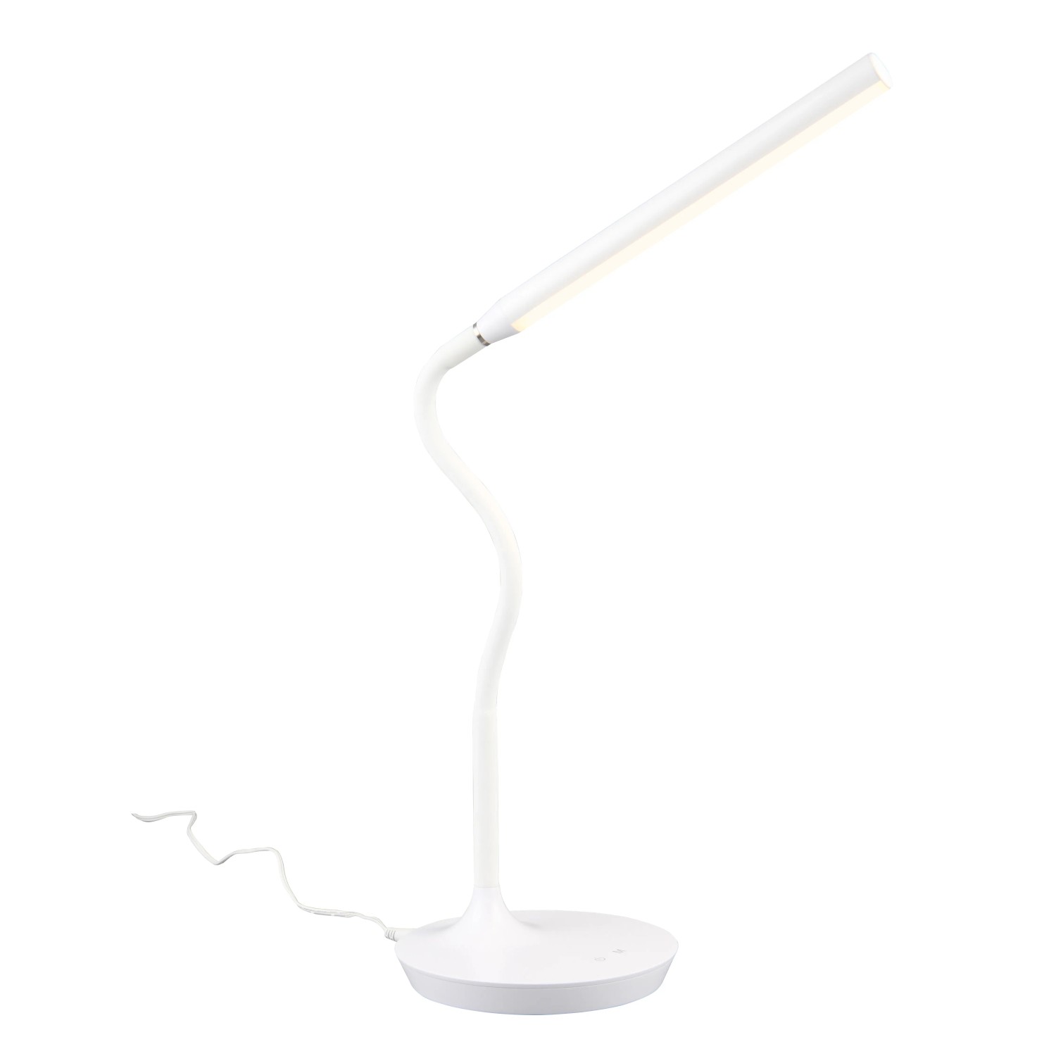 Weiße LED-Tischleuchte Toro mit flexiblem Arm, ideal als Schreibtischlampe.