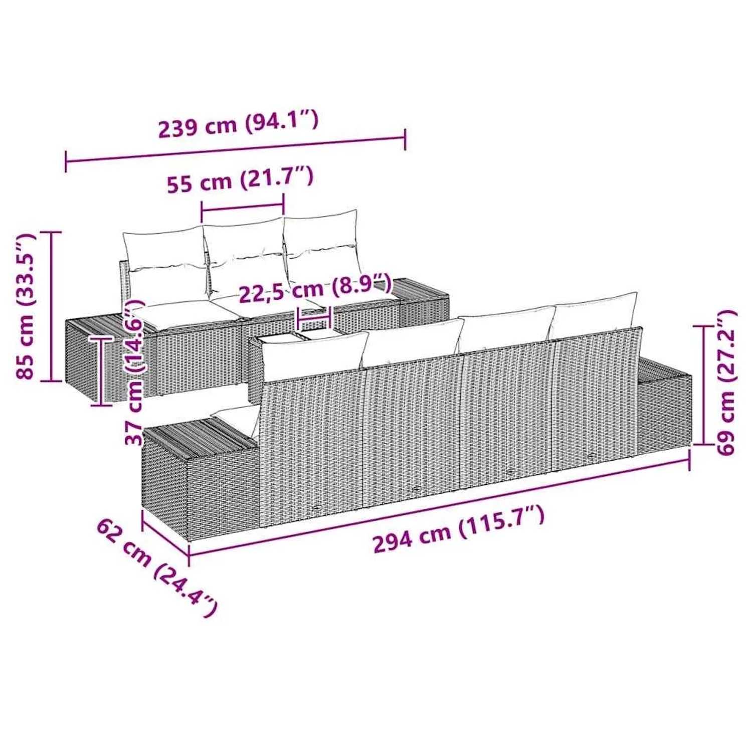 vidaXL Garten-Sofa-Set, 8-teilig, beige Poly Rattan, mit Maßangaben.