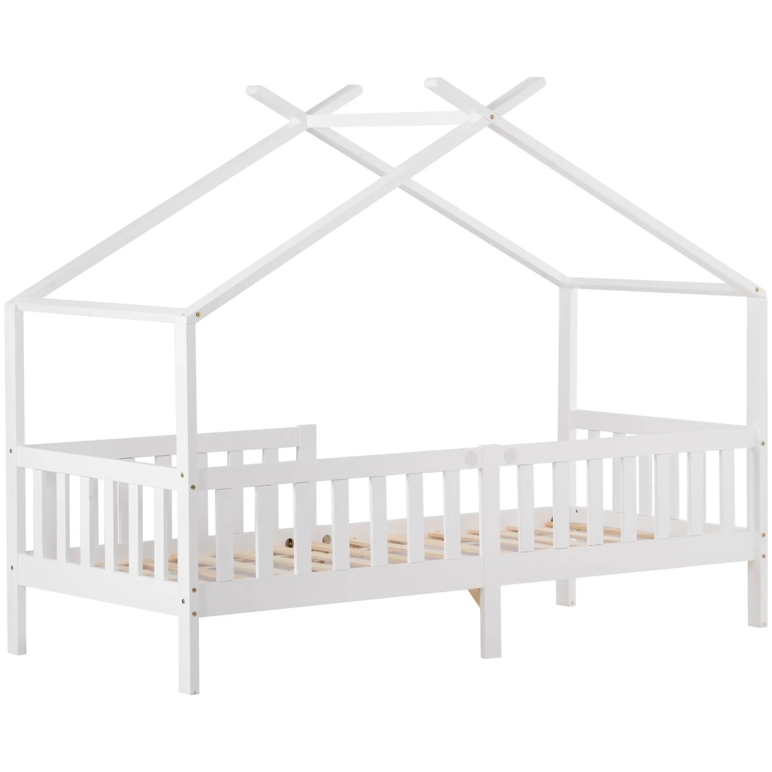 KOMHTOM Schönes Hausbett 90x200Cm Kinderbett Massivholz Mit Zaun Und Lattenrost Kinder- Und Jugendzimmer Mit Absturzsicherung Weiß