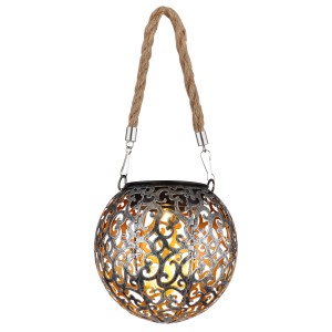 Globo Solarleuchte aus Metall, 26 cm, silbergrau antik mit Hanfseil zum Hängen.