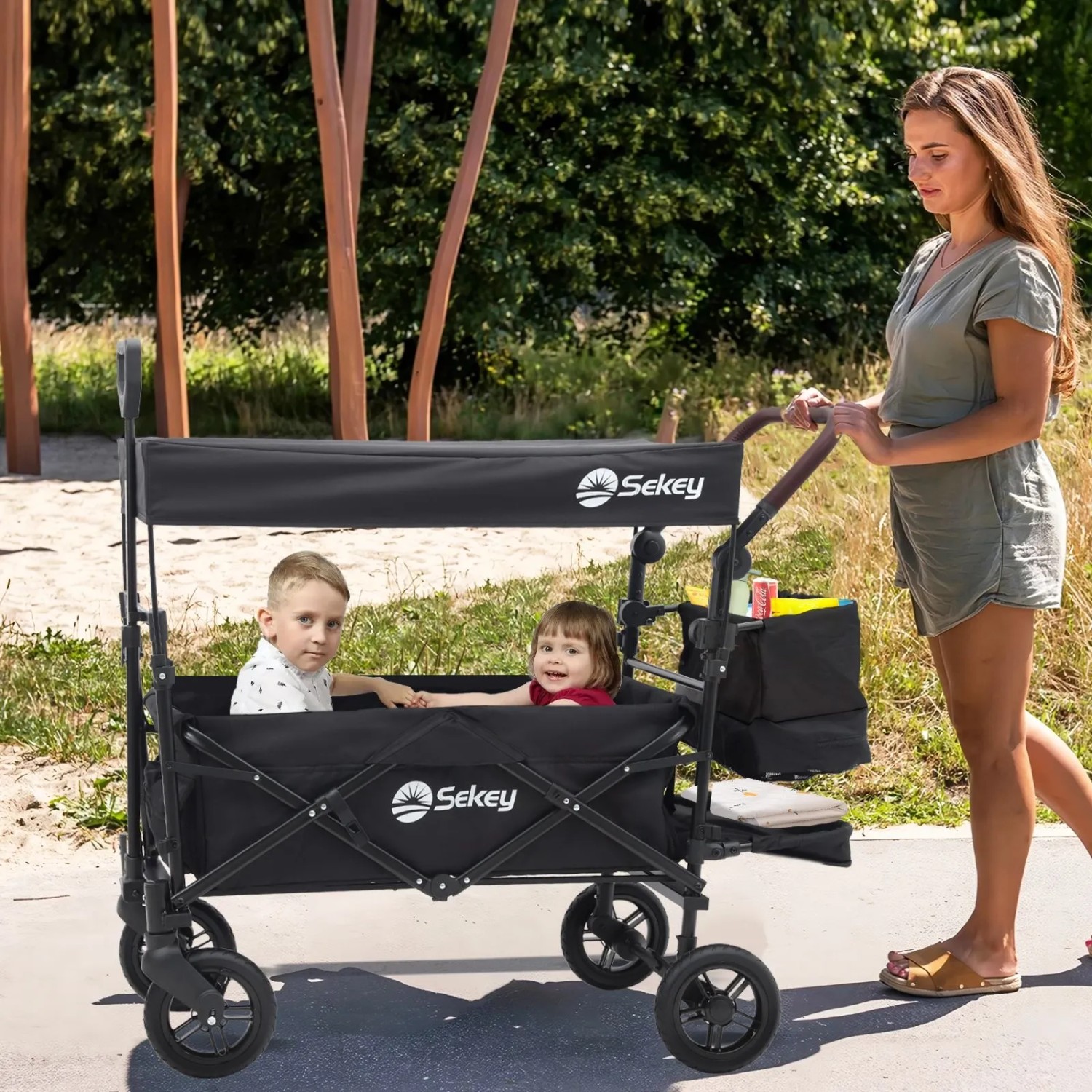 Sekey Bollerwagen, faltbar, mit Dach, für 2 Kinder (bis 100 kg), schwarz. Ideal für Camping.