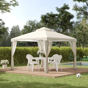 Cremeweißer Outsunny Pavillon aus Polyester und Metall mit Tisch und Stühlen im Garten.