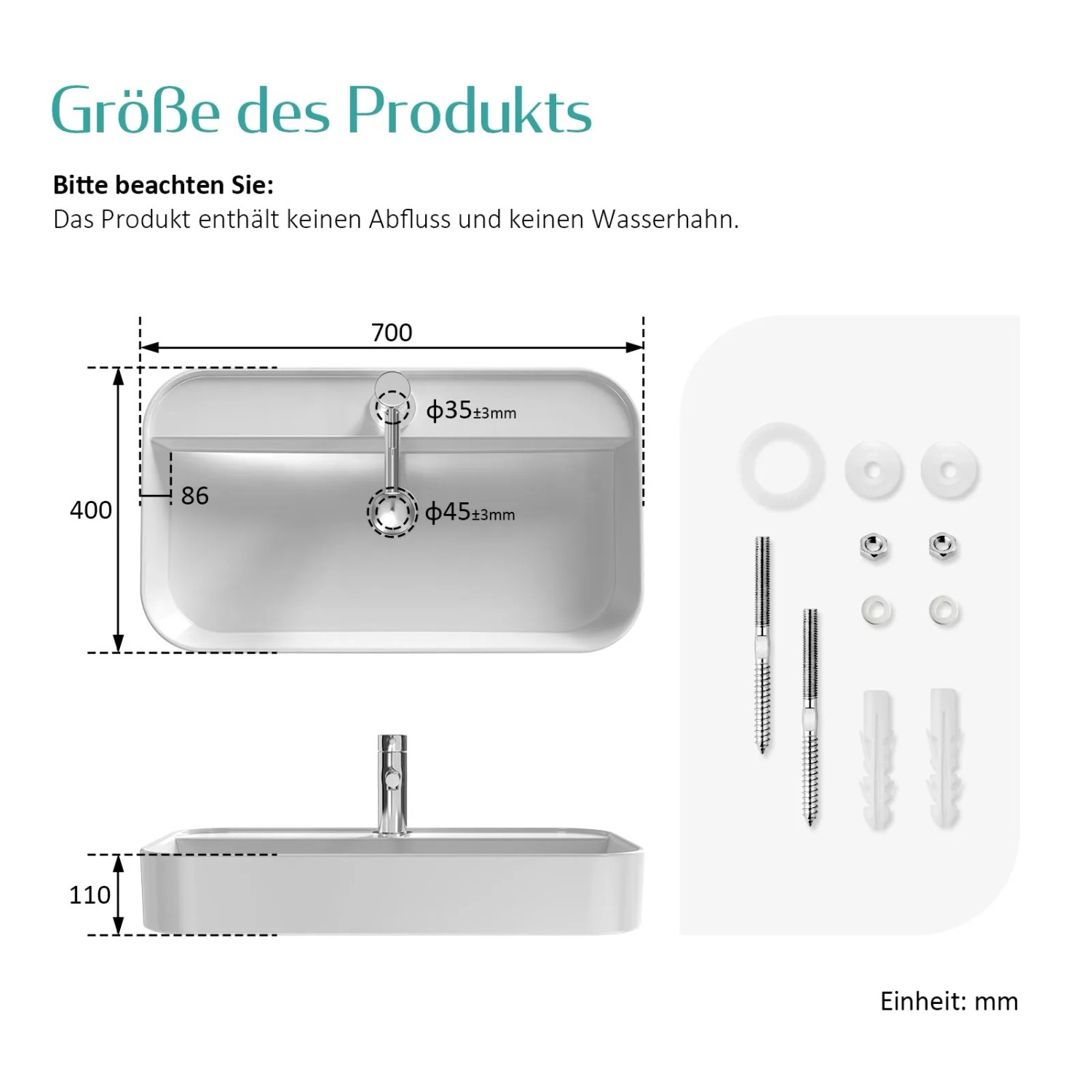 Skizze des Emke Handwaschbeckens, Keramik, 70x40x11cm, eckig, mit Hahnloch und Montagezubehör.