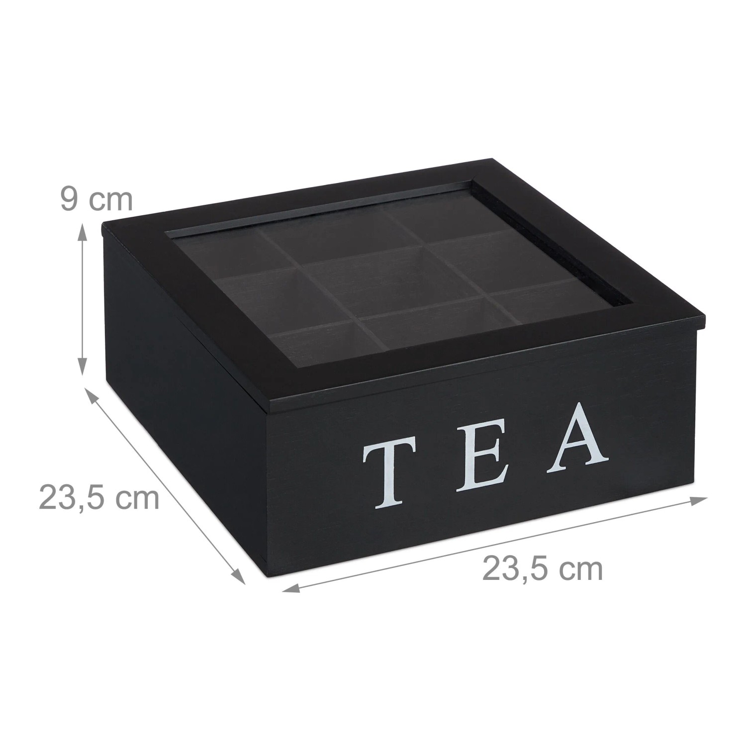 Relaxdays Teebox Bambus Acryl Schwarz Sichtfenster 9 Fächer 9 cm x 23,5 cm x 23,5 cm 0,8 kg_4