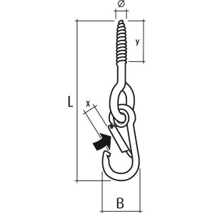 Abbildung eines Schaukelhakens mit Karabiner von Conacord, Maße sind eingezeichnet.