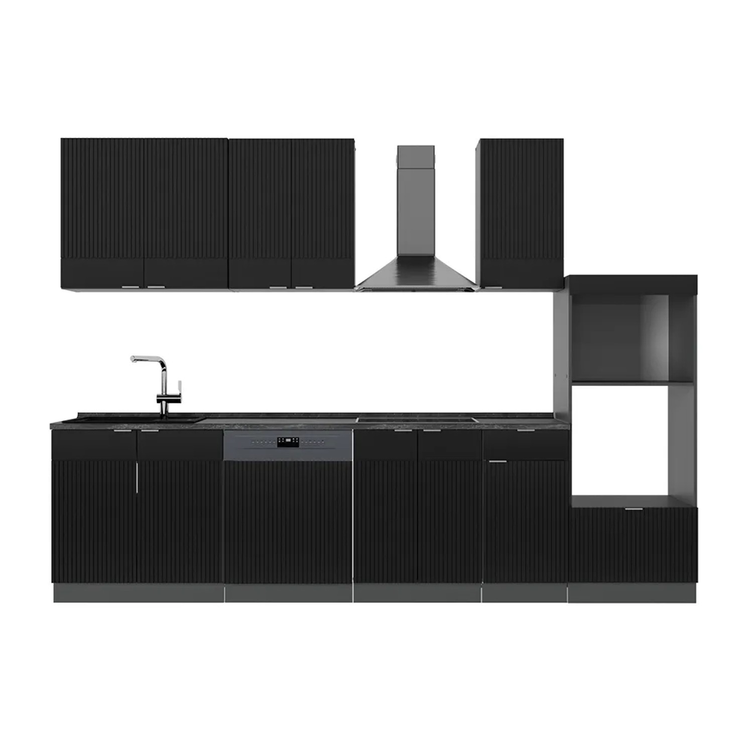 Vicco Fame-Line Küchenzeile Schwarz gestreift/Anthrazit 300 cm mit HochschrankAP Marmor ohne E-Geräte