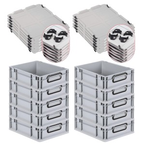 PROREGAL SparSet: 10 graue Euroboxen mit Deckel, 11L, mit schwarzen Griffen. Stapelbare Aufbewahrungsboxen.