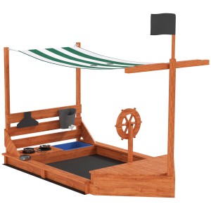 Outsunny Sandkasten Piratenschiff mit Sonnendach und Spielküche aus Holz.
