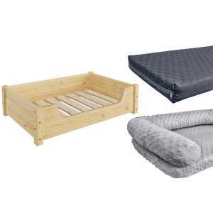 Kuscheliges Haustierbett aus Kiefernholz mit Rollrost, optional mit Matratze und Polster.