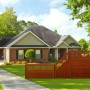 Teakfarbener Sichtschutzzaun Nicea (180x90cm) vor einem Haus mit Garten.