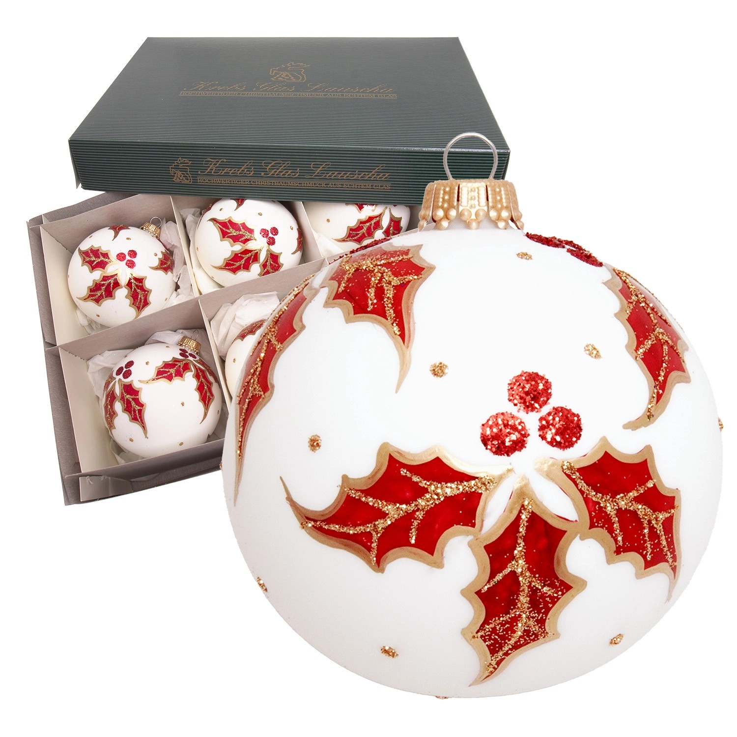 Krebs Glas Lauscha Weihnachtskugeln Silber mit Ilex 6er-Set 8cm