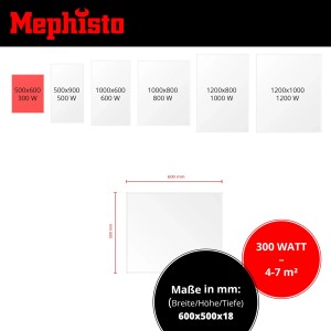 Mephisto Infrarotheizung 300W: Größenübersicht für Wand-, Decken- und Standmontage. Elektroheizung mit Maßen und Watt-Angaben.