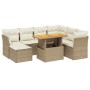 Beige 8-tlg. Garten-Sofagarnitur aus Polyrattan mit Tisch und cremeweißen Kissen.