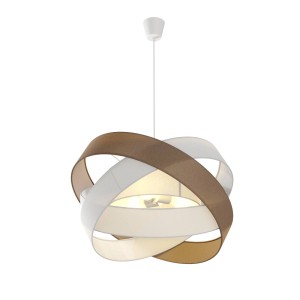 Moderne, braune Lindby Pendelleuchte Simaria mit drei Textil-Lampenschirmen für das Wohnzimmer.