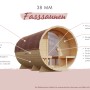 Karibu Fass-Sauna, naturbelassen, mit 9 kW Ofen und integrierter Steuerung. Gartensauna aus Holz.
