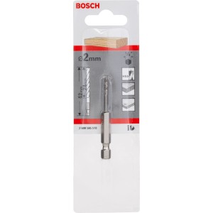 Bosch Holzspiralbohrer, 2 mm Durchmesser, 62 mm Länge, mit 1/4 Zoll Sechskantschaft.