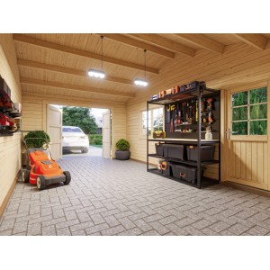 Innenansicht der Palmako Garage Roger mit Holztor, grau grundiert, mit Werkbank und Rasenmäher.