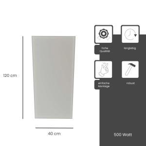Fenix Infrarotheizung ECOSUN Glasheizung, 500W, Platinum Grey, mit Maßangaben.