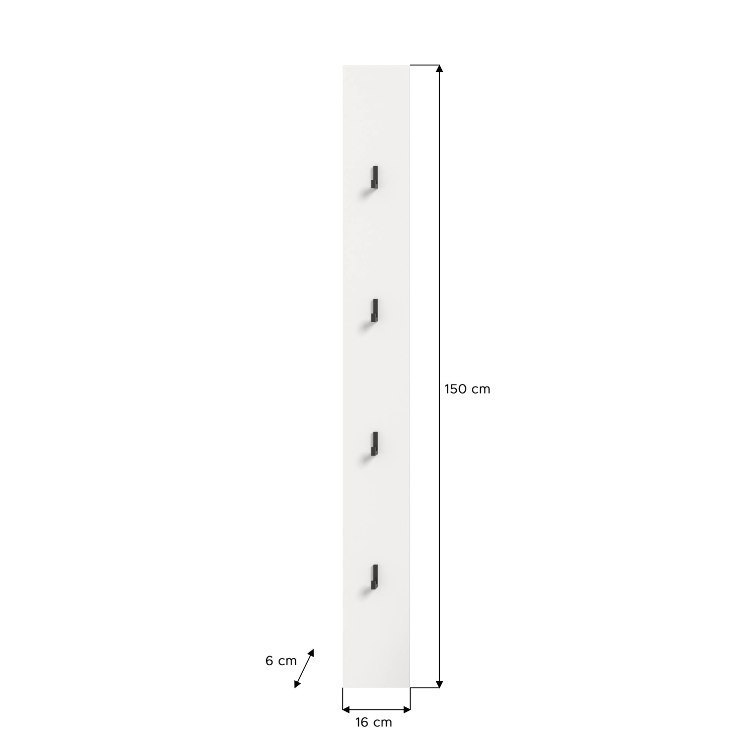 Weißes Paneel Prisma 150 cm mit schwarzen Haken, ideal als Akustikpaneel oder Garderobe.