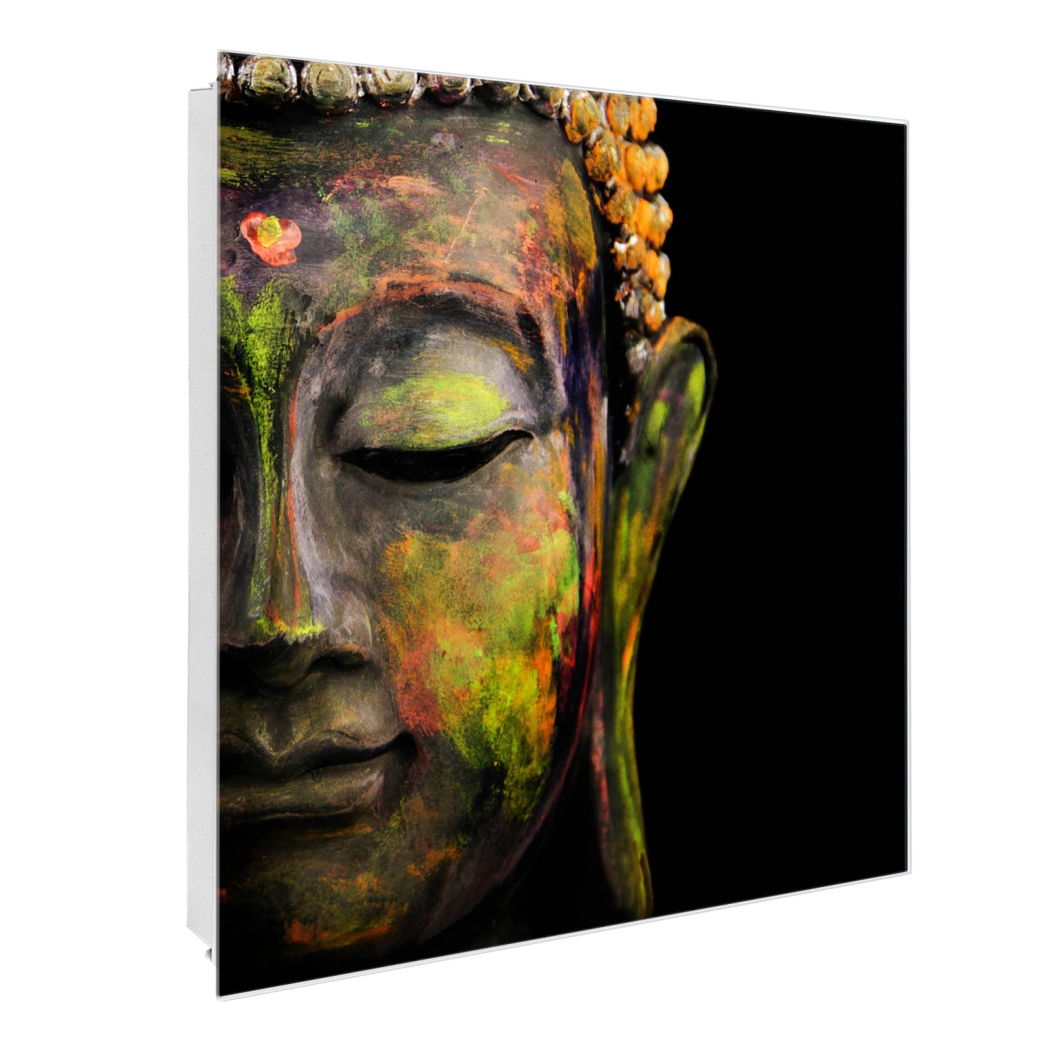 Banjado Großer Schlüsselkasten Glas 30x30cm Weiß Scharnier Links 50 Haken Beschreibbar Magnetisch Motiv Bunter Buddha