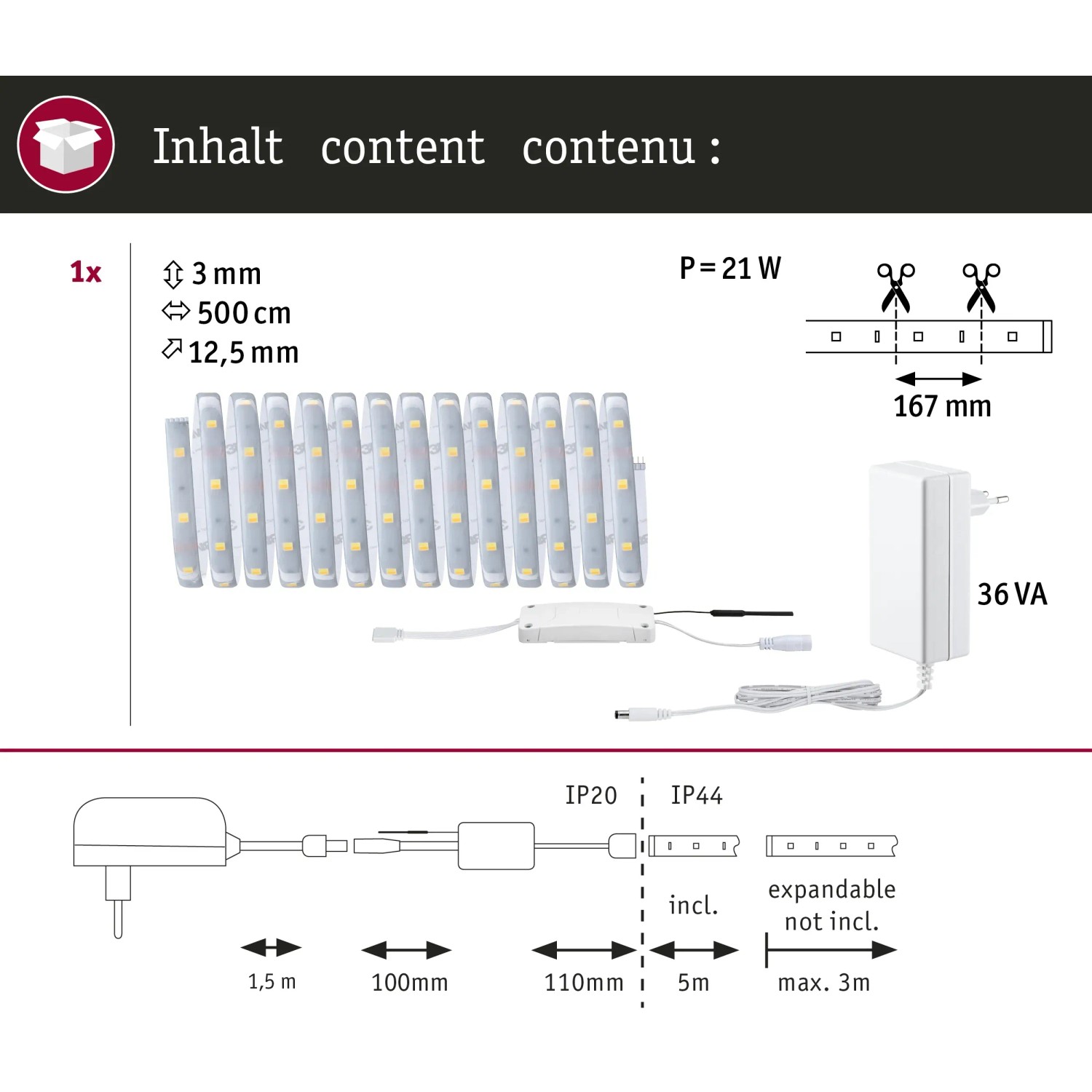 Paulmann MaxLED 250 LED Strip 5m Basis-Set mit Trafo und Controller.